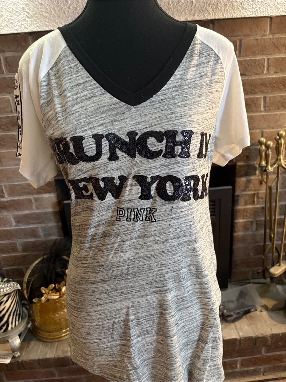 PINK Victoria's Secret Gray & White V‑Neck Raglan Tee with Black Graphic